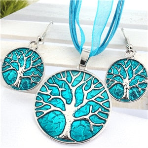 Vintage Round Life Tree Silver Pendant Necklace Earring Sets