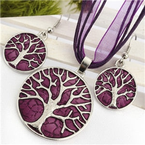 Vintage Round Life Tree Silver Pendant Necklace Earring Sets