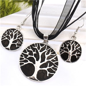 Vintage Round Life Tree Silver Pendant Necklace Earring Sets