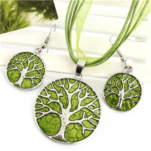 Vintage Round Life Tree Silver Pendant Necklace Earring Sets